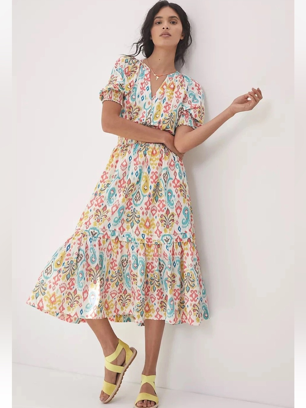 Anthropologie Felipa Tiered Midi Maxi Dress Sz M Puff Sleeve Cotton Blend Airy